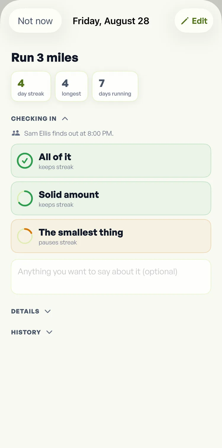 Checking in on a Fika commitment called Run 3 miles. It reads Sam Ellis finds out at 8:00 PM, above three answers: all of it, a solid amount, and the smallest thing.