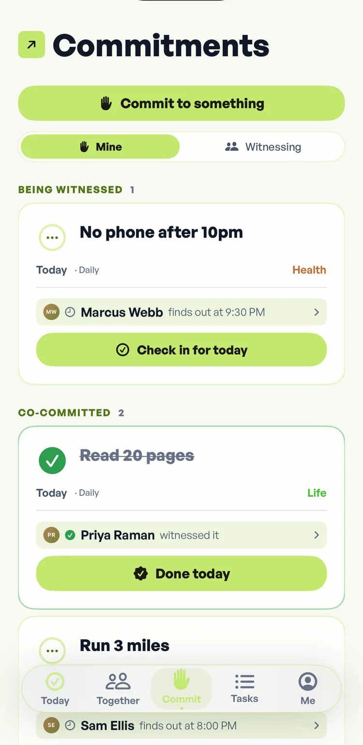 The Fika Commit tab, showing a commitment under a heading that reads being witnessed, with Marcus Webb named underneath and the time he finds out.