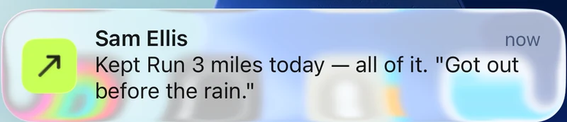 An iPhone notification from Fika reading Sam Ellis, kept Run 3 miles today, all of it, with the note got out before the rain.
