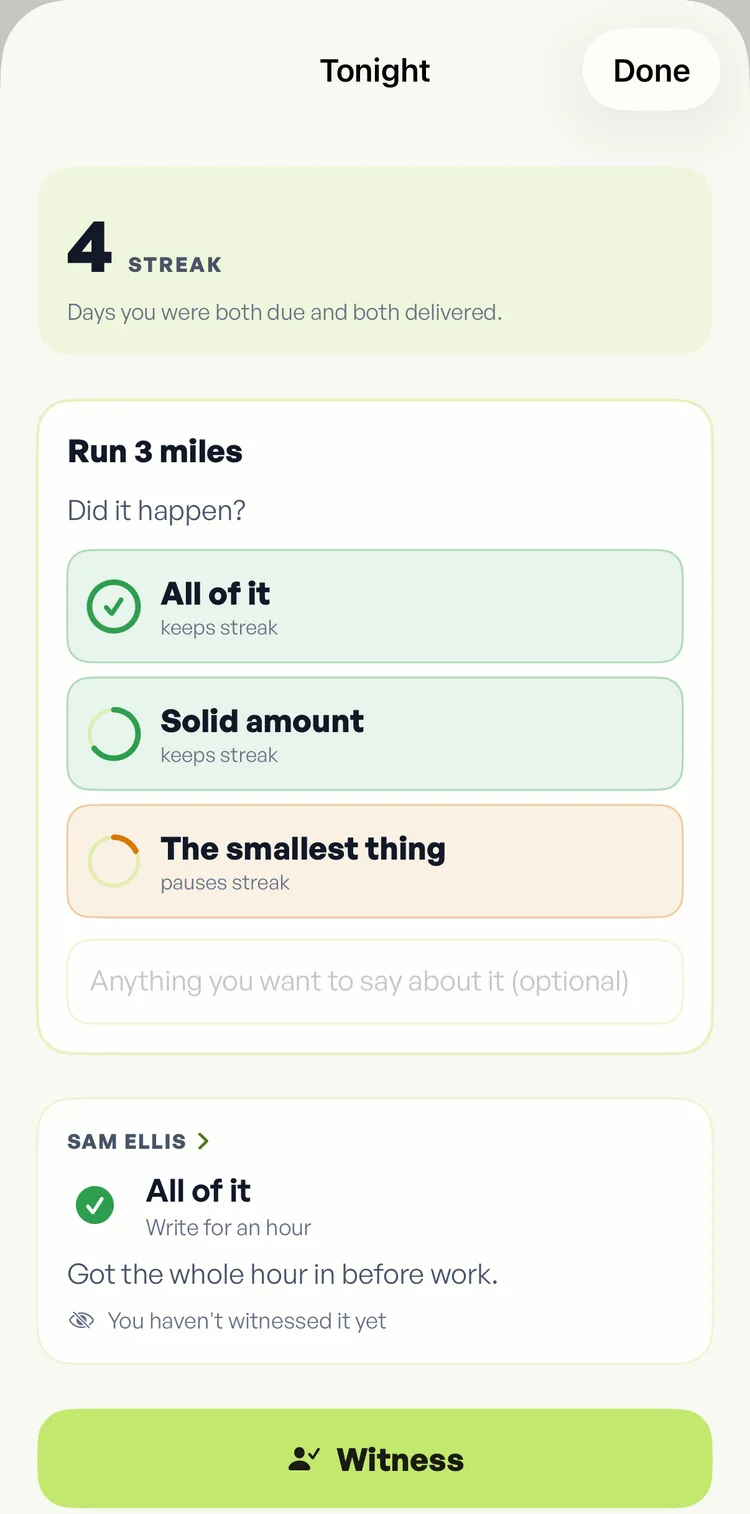 The Fika reveal screen showing a four day shared streak, your own answer for Run 3 miles, and Sam Ellis reporting all of it on Write for an hour with the note, got the whole hour in before work.