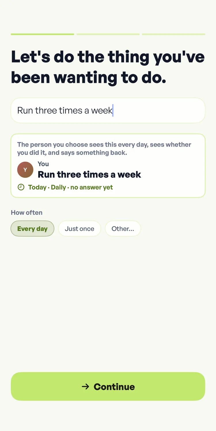 The first Fika onboarding screen, headed let's do the thing you've been wanting to do, with the commitment typed in and a live preview of how it will look.