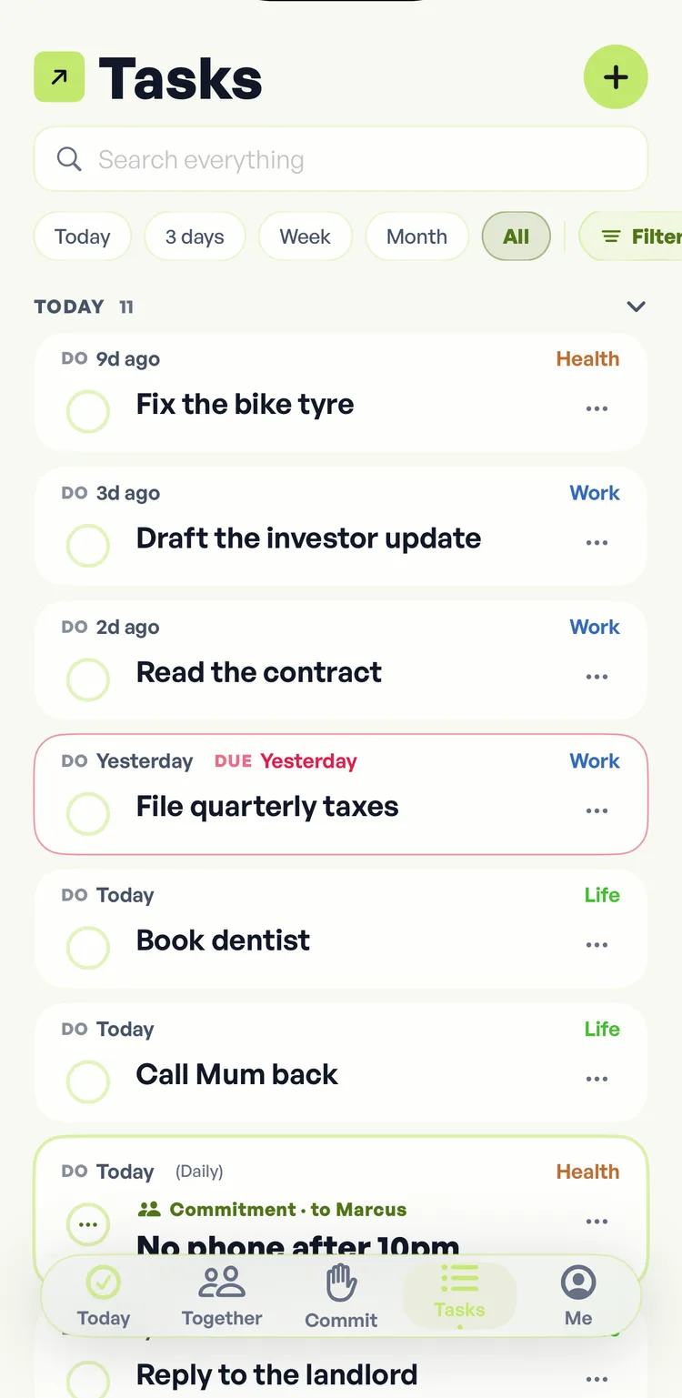 The Fika Tasks screen: a search field, date range pills, a filter button, and a list of tasks with categories, do dates and one overdue deadline shown in red.