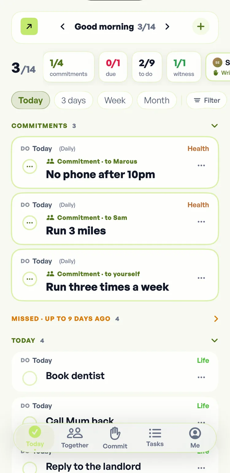 The Fika Today screen. Two commitments are pinned above the day's tasks, each labelled with the person witnessing it.